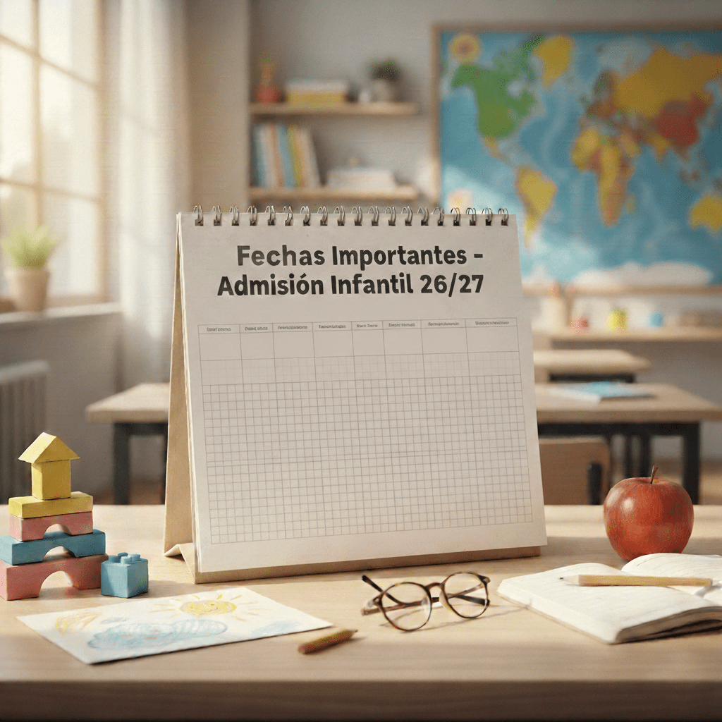 Calendario escolar sobre un escritorio de aula de infantil con el texto "Fechas Importantes - Admisión Infantil 26/27".