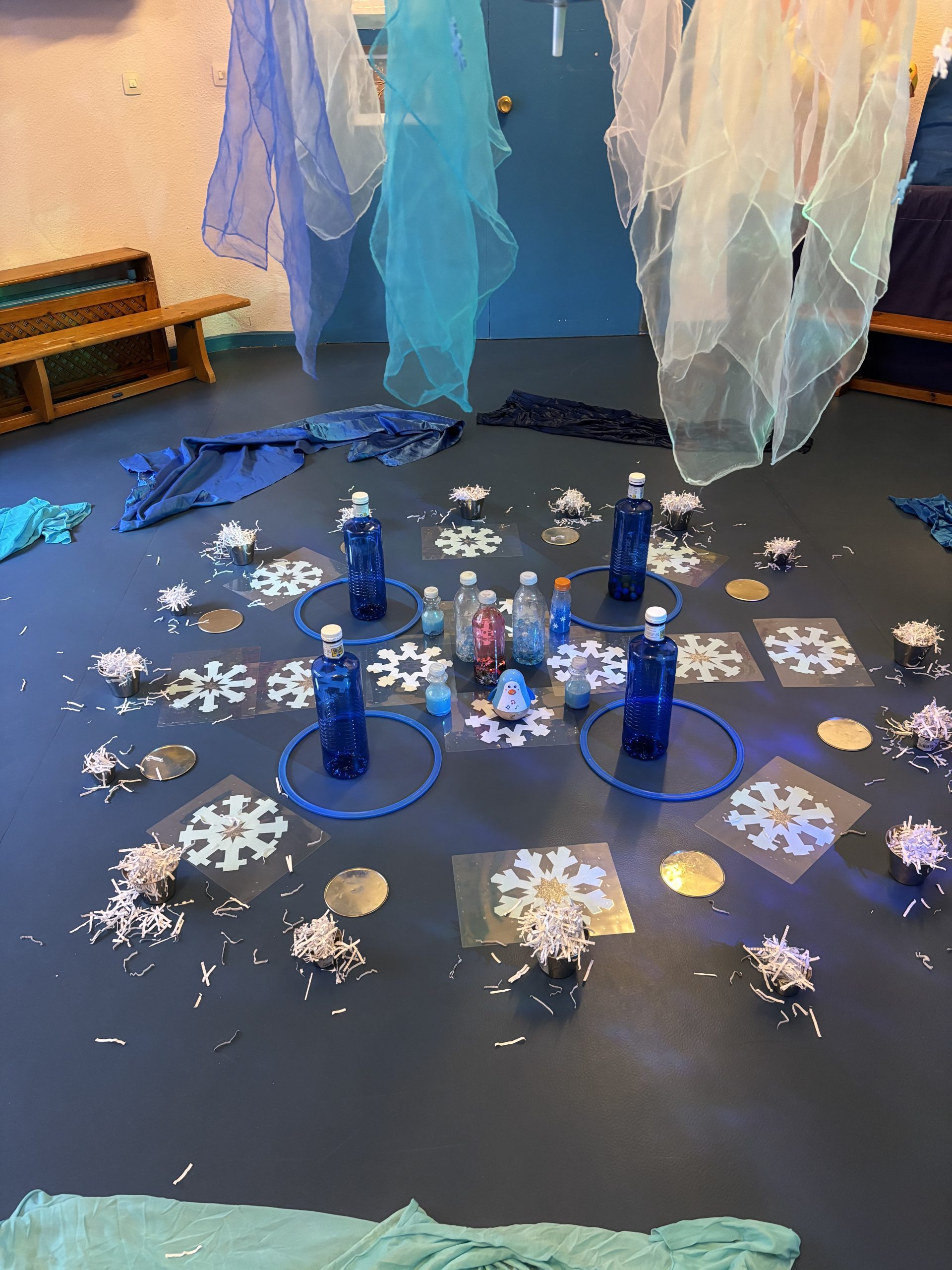 Conjunto de materiales de invierno: nieve artificial, botellas y copos de papel.