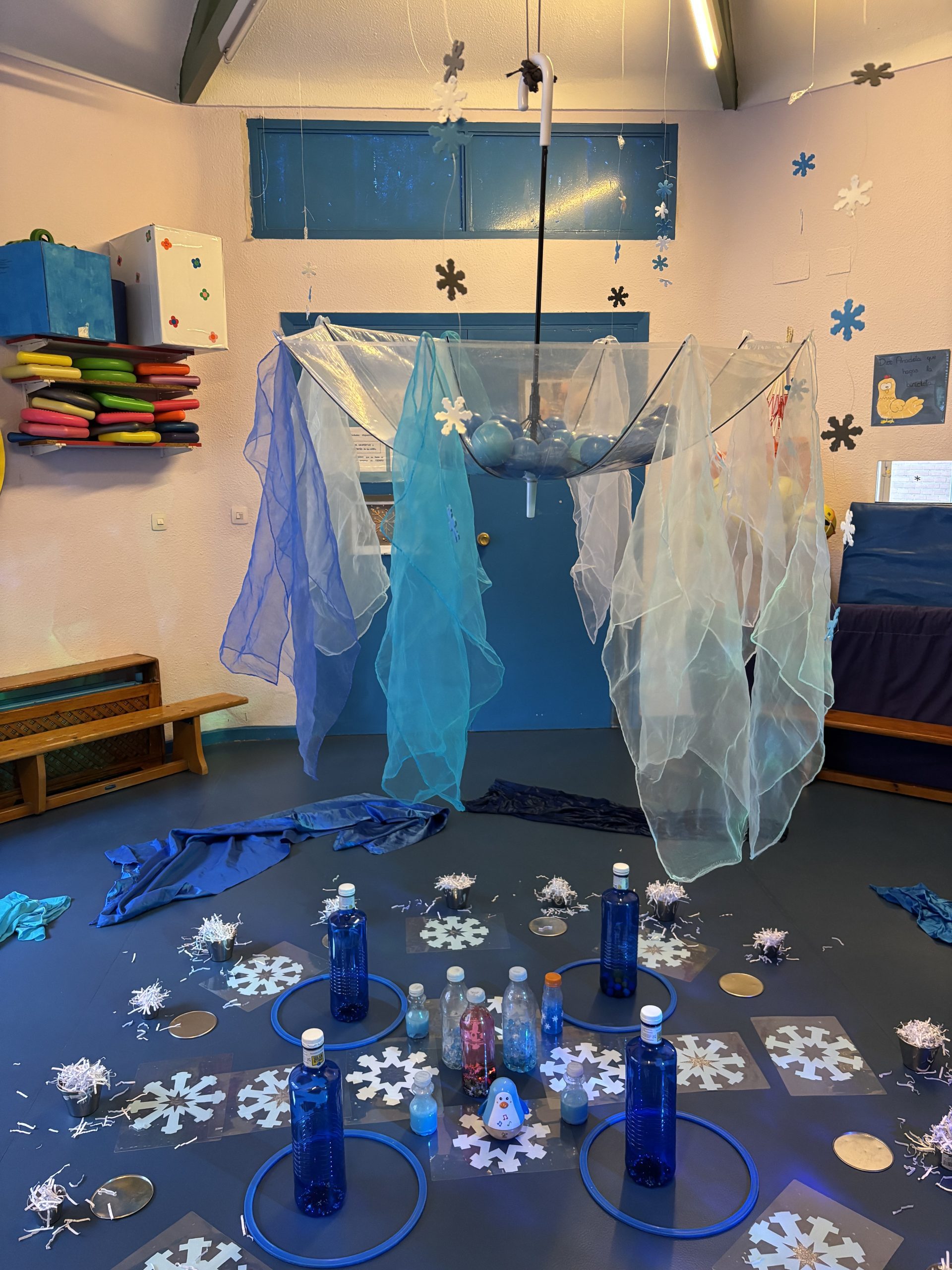 Paraguas transparente invertido con bolas azules y telas colgando del techo.